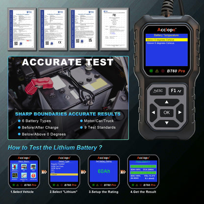 Car Battery Tester – 6V/12V/24V – 2–120Ah – 100–3000CCA – AGM Gel Lithium – Alternator Starter Charging System Analyzer – QR Cloud Report – Digital Checker