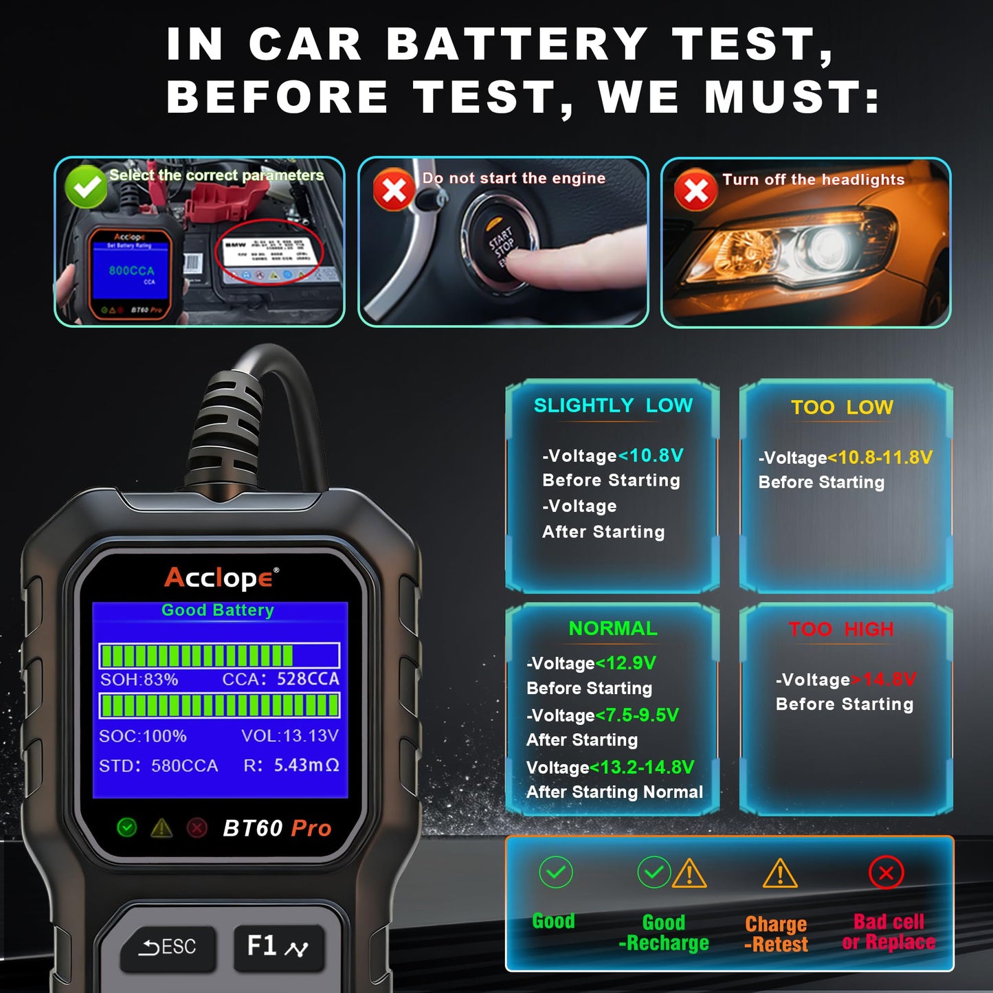 Car Battery Tester – 6V/12V/24V – 2–120Ah – 100–3000CCA – AGM Gel Lithium – Alternator Starter Charging System Analyzer – QR Cloud Report – Digital Checker