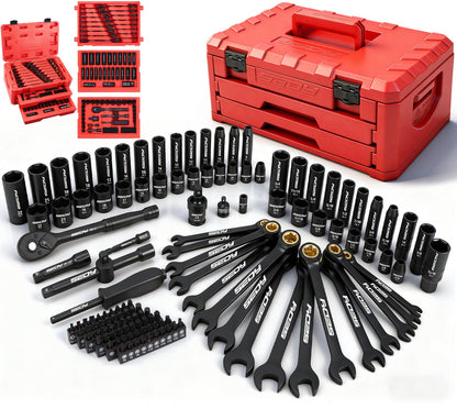 Mechanics Tool Set – 132PCS Socket Set – 1/4" & 3/8" Drive – SAE & Metric – Ratchet Wrenches – Extensions & Adapters – Auto Repair Kit