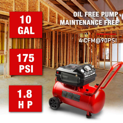 Air Compressor – 10 Gallon – 175 PSI Max – 1.8 HP – Oil-Free – Quiet Shop Compressor – 4.0 CFM @ 90 PSI – Portable Garage Air Tool