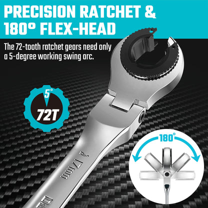 Ratcheting Wrench Set – 6PCS Metric – 10-17mm – 72-Tooth Flex Head – CR-V Steel – Open End – Organizer Bag