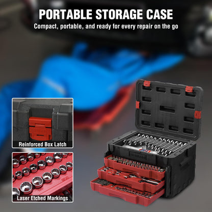 Socket Tool Set – 450PCS Drive Set – 1/4" 3/8" 1/2" – CR-V Metric & SAE – Quick-Release Ratchet – Mechanics Repair Kit