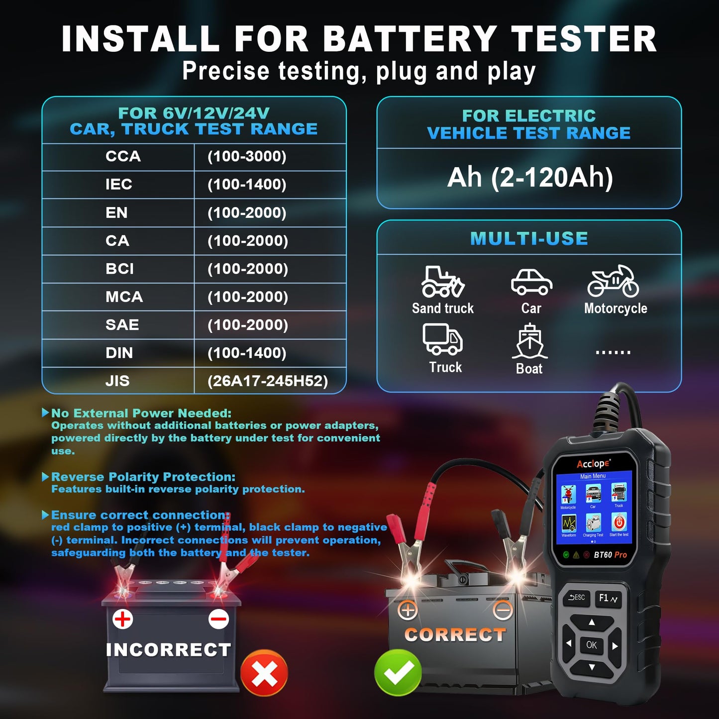 Car Battery Tester – 6V/12V/24V – 2–120Ah – 100–3000CCA – AGM Gel Lithium – Alternator Starter Charging System Analyzer – QR Cloud Report – Digital Checker