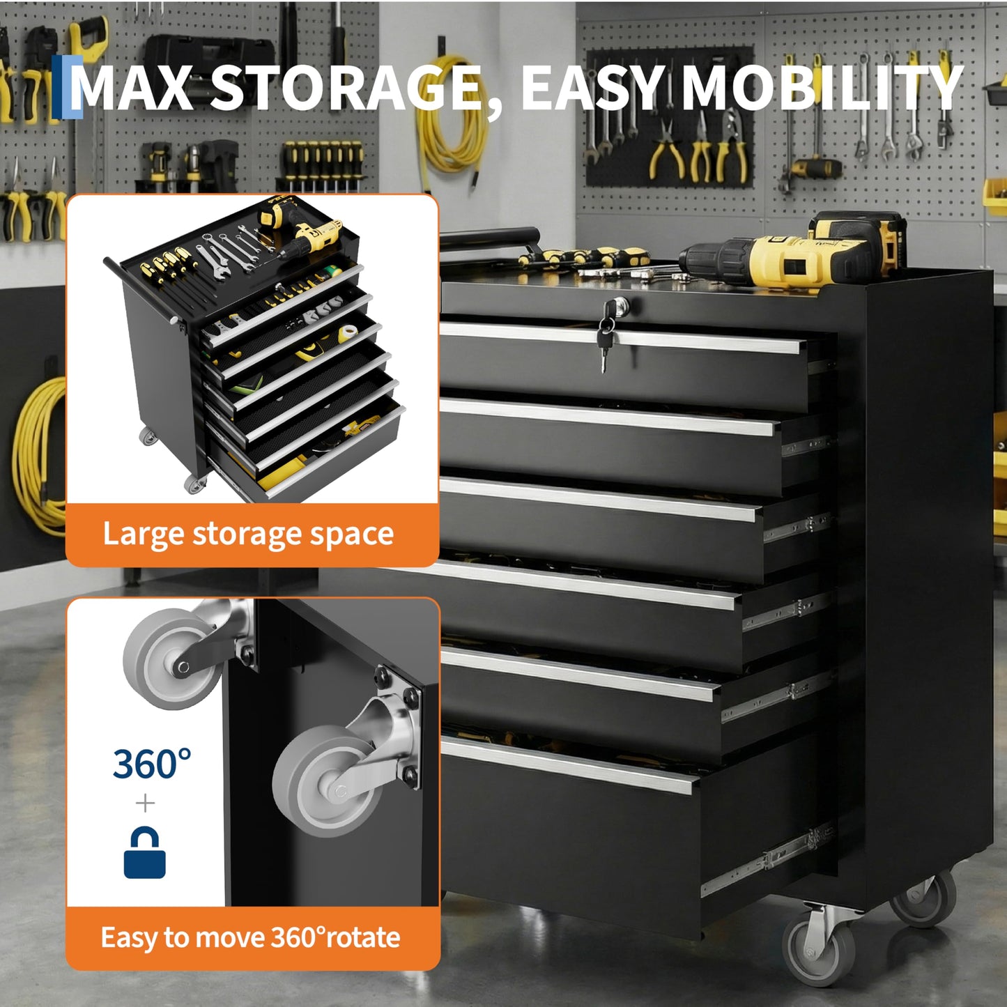Rolling Tool Chest – 6 Drawer Tool Cabinet – Lockable Wheels – Drawer Liners – Portable Garage Workshop Storage Cart – Metal Tool Organizer