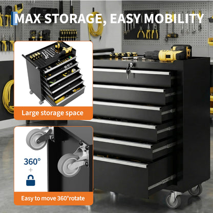 Rolling Tool Chest – 6 Drawer Tool Cabinet – Lockable Wheels – Drawer Liners – Portable Garage Workshop Storage Cart – Metal Tool Organizer