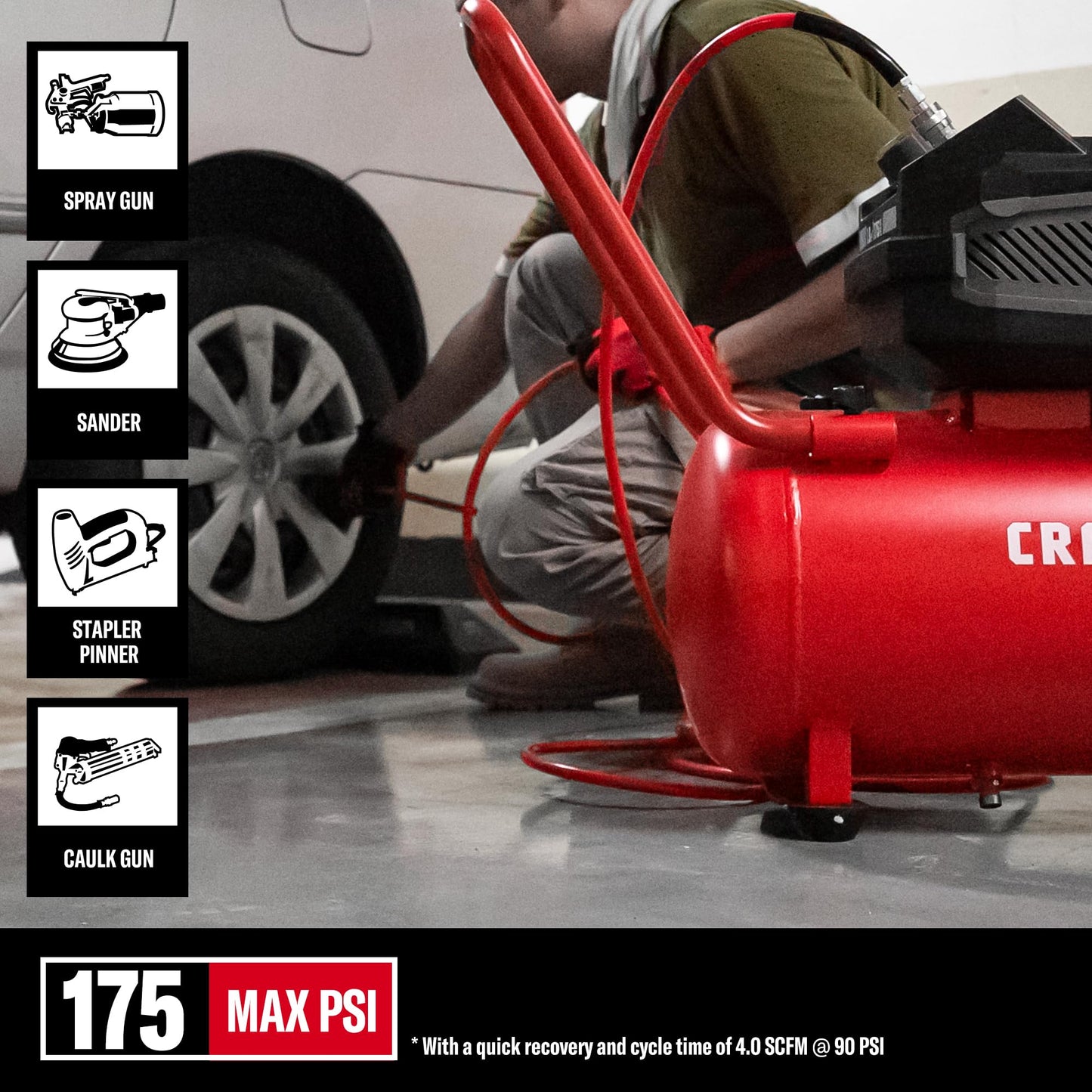 Air Compressor – 10 Gallon – 175 PSI Max – 1.8 HP – Oil-Free – Quiet Shop Compressor – 4.0 CFM @ 90 PSI – Portable Garage Air Tool