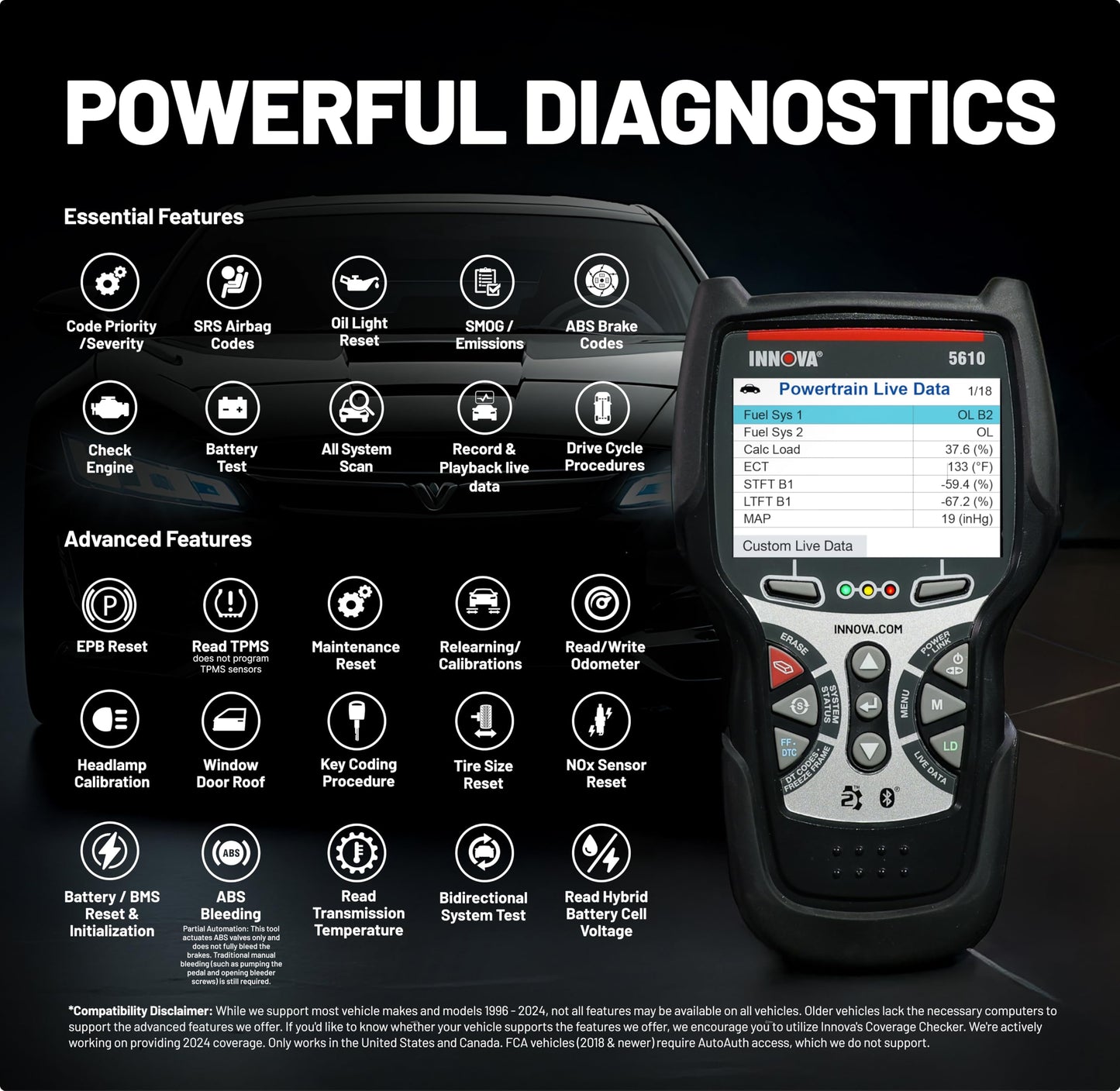 OBD2 Bidirectional Scan Tool – Vehicle Diagnostic Code Reader – Engine ABS SRS Transmission – Repair & Live Data – Updates Included