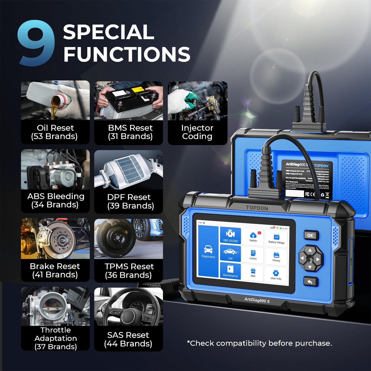 OBD2 Diagnostic Scanner – ABS/SRS/Engine/Transmission – 9 Reset Services – CAN-FD – Oil Brake BMS SAS DPF TPMS Reset – Injector Coding – Free Updates