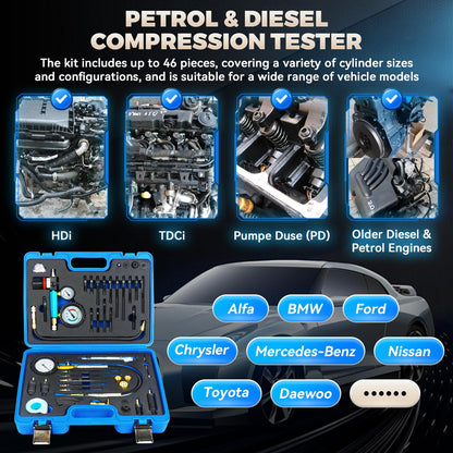 Diesel & Petrol Engine Compression Tester Kit – 47PCS Cylinder Leak Down Diagnostic Tool – Dual Gauge Compression Gauge – HDI TDCi Pumpe Duse Engine Test Kit – Automotive Maintenance Tool