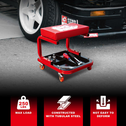 Mechanic Creeper Seat – Rolling Garage Stool – Padded Workshop Seat – Tool Tray Storage – Automotive Repair Shop Seat