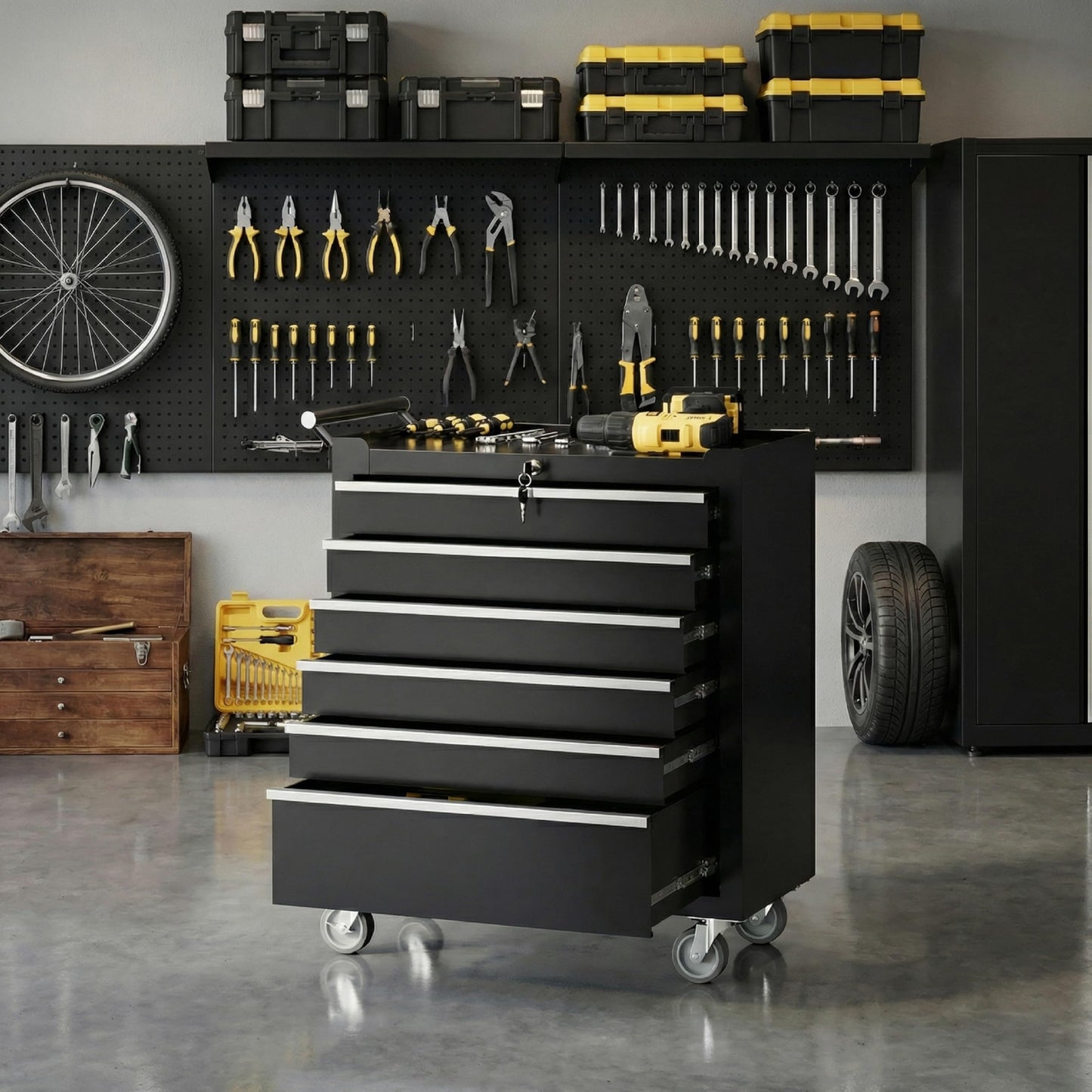 Rolling Tool Chest – 6 Drawer Tool Cabinet – Lockable Wheels – Drawer Liners – Portable Garage Workshop Storage Cart – Metal Tool Organizer