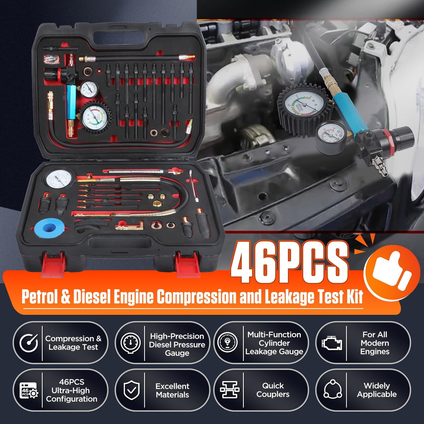 Engine Compression Tester Kit – 46PCS Petrol & Diesel Cylinder Leak Down Test Kit – Dual Gauge Compression & Leakage Diagnostic Tool – Automotive Engine Compression Gauge Set – HDI TDCi Compatible