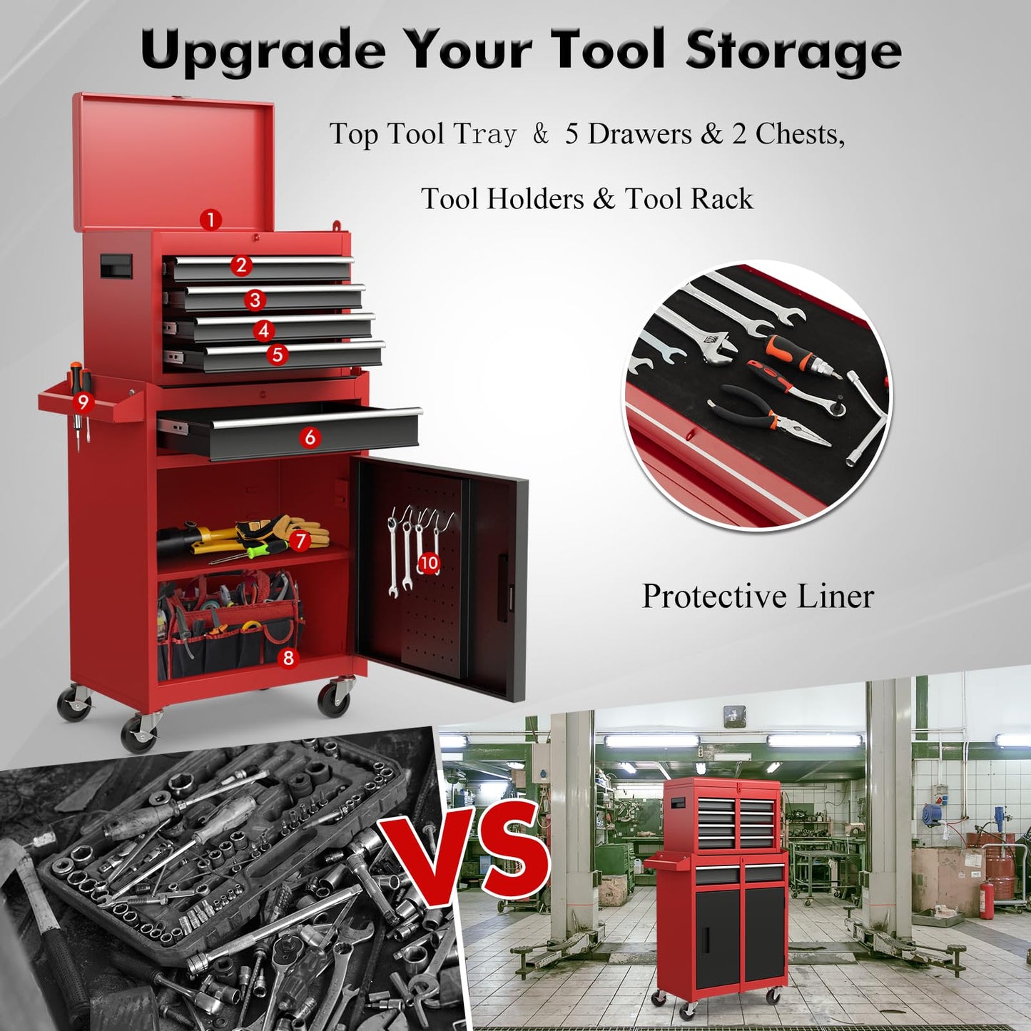 Rolling Tool Chest – 5 Drawer Tool Box – Lockable Wheels – Sliding Drawers – Detachable Top – Adjustable Shelf – Garage Workshop Storage Cabinet