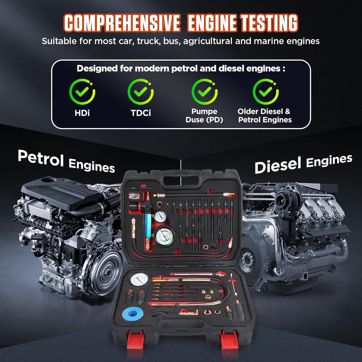Engine Compression Tester Kit – 46PCS Petrol & Diesel Cylinder Leak Down Test Kit – Dual Gauge Compression & Leakage Diagnostic Tool – Automotive Engine Compression Gauge Set – HDI TDCi Compatible