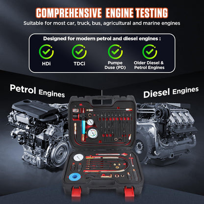 Engine Compression Tester Kit – 46PCS Petrol & Diesel Cylinder Leak Down Test Kit – Dual Gauge Compression & Leakage Diagnostic Tool – Automotive Engine Compression Gauge Set – HDI TDCi Compatible