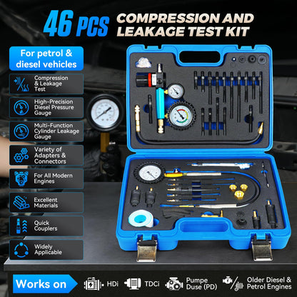 Diesel & Petrol Engine Compression Tester Kit – 47PCS Cylinder Leak Down Diagnostic Tool – Dual Gauge Compression Gauge – HDI TDCi Pumpe Duse Engine Test Kit – Automotive Maintenance Tool
