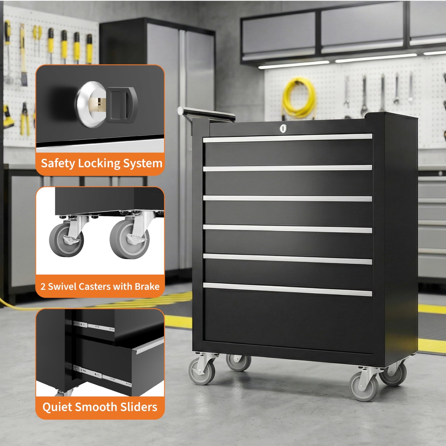 Rolling Tool Chest – 6 Drawer Tool Cabinet – Lockable Wheels – Drawer Liners – Portable Garage Workshop Storage Cart – Metal Tool Organizer
