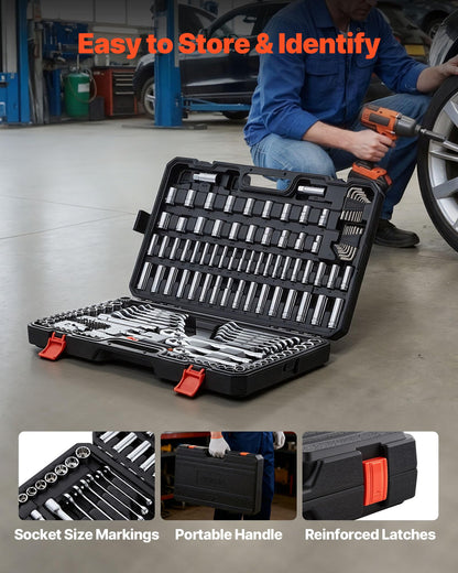 Mechanics Tool Set – 159PCS Socket & Wrench Kit – 1/4" 3/8" 1/2" Drive – SAE & Metric – Screwdriver Bits – Auto Repair Tool Kit – Storage Case
