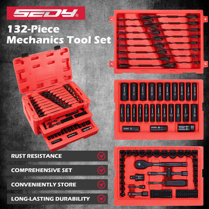 Mechanics Tool Set – 132PCS Socket Set – 1/4" & 3/8" Drive – SAE & Metric – Ratchet Wrenches – Extensions & Adapters – Auto Repair Kit