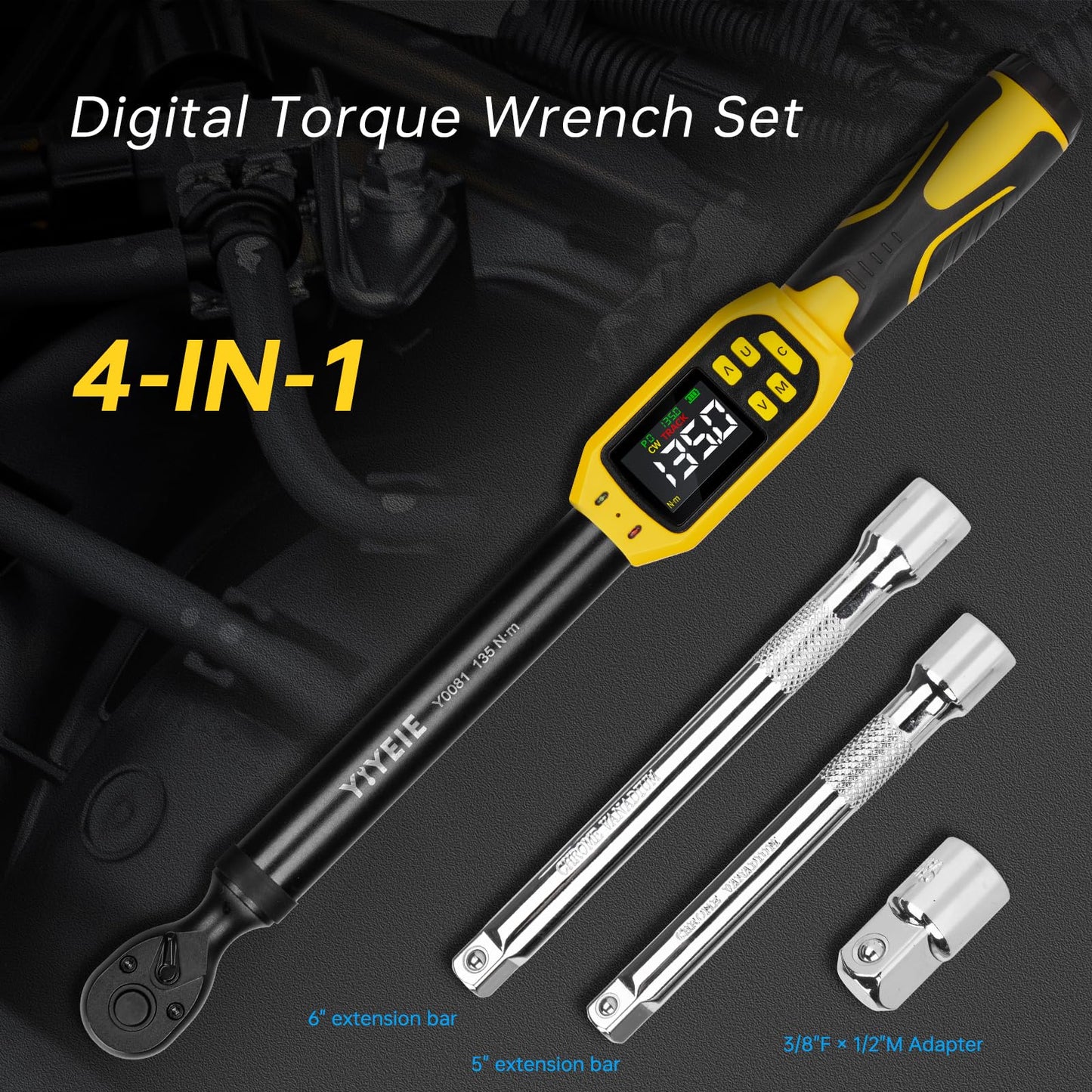 Digital Torque Wrench – 3/8" Drive – 5-99.5 ft-lb – ±1% Accuracy – Smart Alert – Electric Torque Tool – Extension Bars – Automotive Repair
