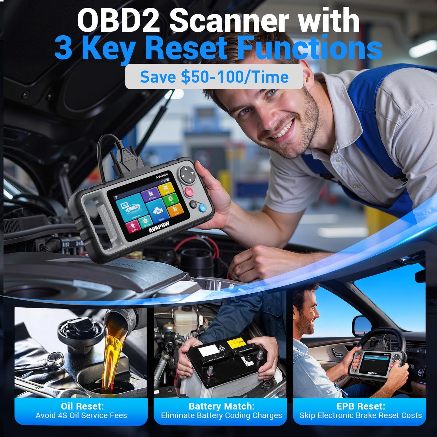 OBD2 Diagnostic Scanner – Engine Transmission ABS SRS – All Systems Code Reader – Oil EPB Reset – Auto VIN – Battery Match – WiFi Update – 7000+ Vehicles