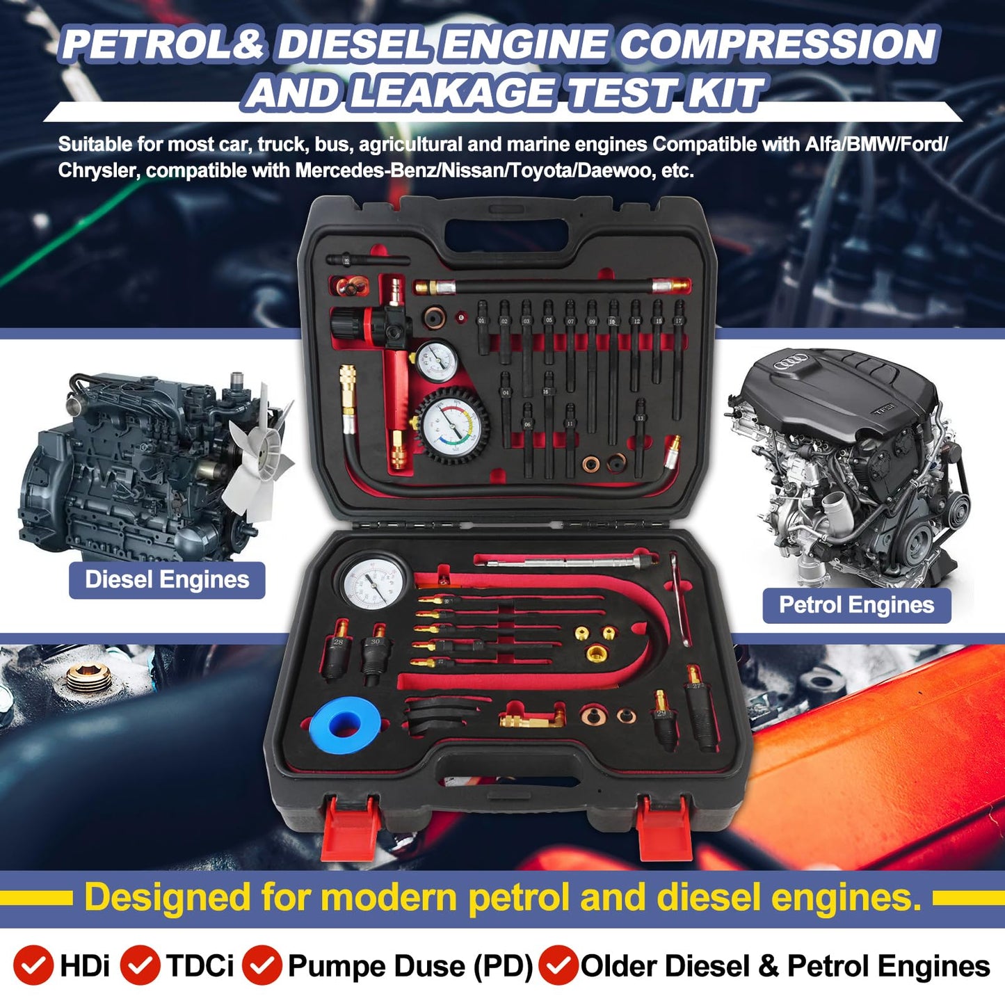 Engine Compression & Leak Down Tester Kit – 47PCS Dual Gauge Compression Tester – Petrol & Diesel Cylinder Leak Test Tool – Automotive Engine Diagnostic Set – HDI TDCi Pumpe Duse Compatible