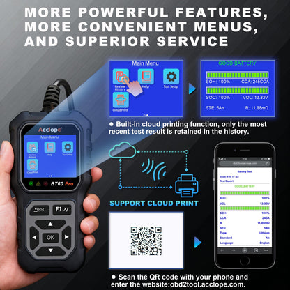 Car Battery Tester – 6V/12V/24V – 2–120Ah – 100–3000CCA – AGM Gel Lithium – Alternator Starter Charging System Analyzer – QR Cloud Report – Digital Checker