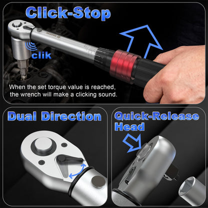 Torque Wrench Set – 1/4" 3/8" 1/2" Drive – 9PCS – 20-220 in-lb / 5-170 ft-lb – 72T – Extension & Adapter Kit – Precision Repair Tool