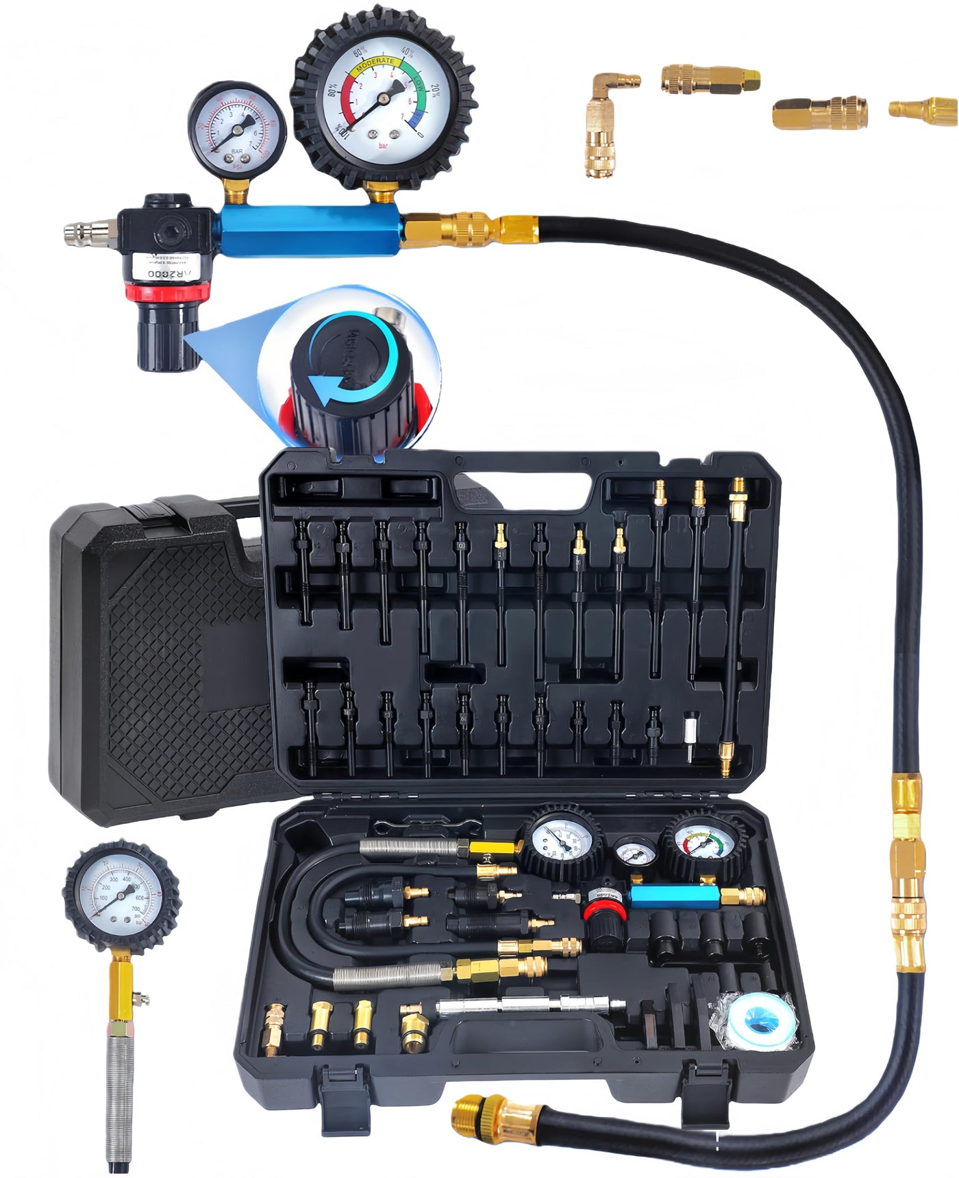Diesel & Petrol Engine Compression Tester Kit – 46PCS Dual Gauge Cylinder Leak Down Diagnostic Tool – Automotive Engine Pressure Test Set – HDI TDCi Pumpe Duse Compatible