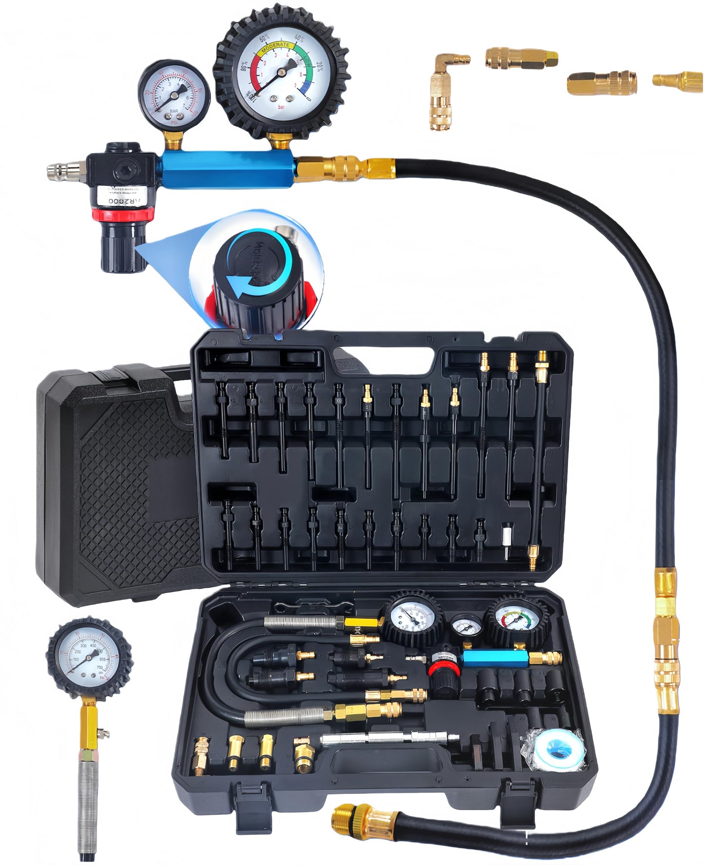 Diesel & Petrol Engine Compression Tester Kit – 46PCS Dual Gauge Cylinder Leak Down Diagnostic Tool – Automotive Engine Pressure Test Set – HDI TDCi Pumpe Duse Compatible