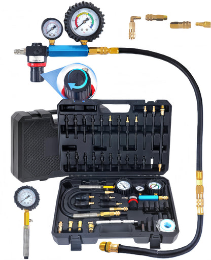 Diesel & Petrol Engine Compression Tester Kit – 46PCS Dual Gauge Cylinder Leak Down Diagnostic Tool – Automotive Engine Pressure Test Set – HDI TDCi Pumpe Duse Compatible