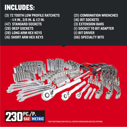 Mechanics Tool Set – 230PCS Socket Wrench Kit – 1/4" 3/8" 1/2" Drive – SAE & Metric – VERSASTACK Case – Auto Repair Tool Kit