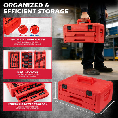 Mechanics Tool Set – 132PCS Socket Set – 1/4" & 3/8" Drive – SAE & Metric – Ratchet Wrenches – Extensions & Adapters – Auto Repair Kit