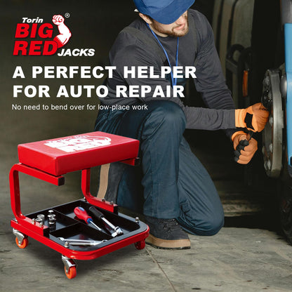 Mechanic Creeper Seat – Rolling Garage Stool – Padded Workshop Seat – Tool Tray Storage – Automotive Repair Shop Seat