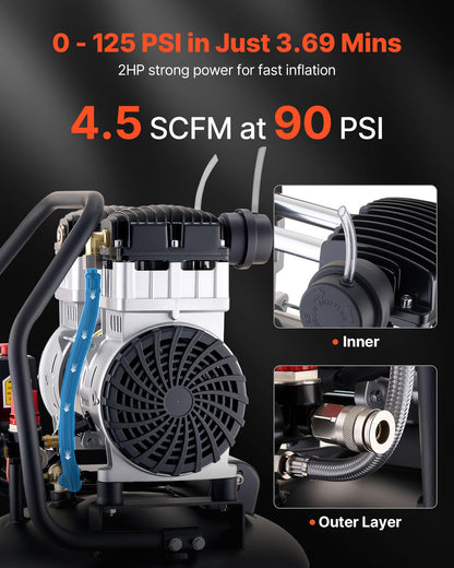 Air Compressor – 20 Gallon – 2HP – 125 PSI Max – Oil-Free – Portable Wheel Compressor – 4.5 CFM @ 90 PSI – Auto Repair & Workshop Tool