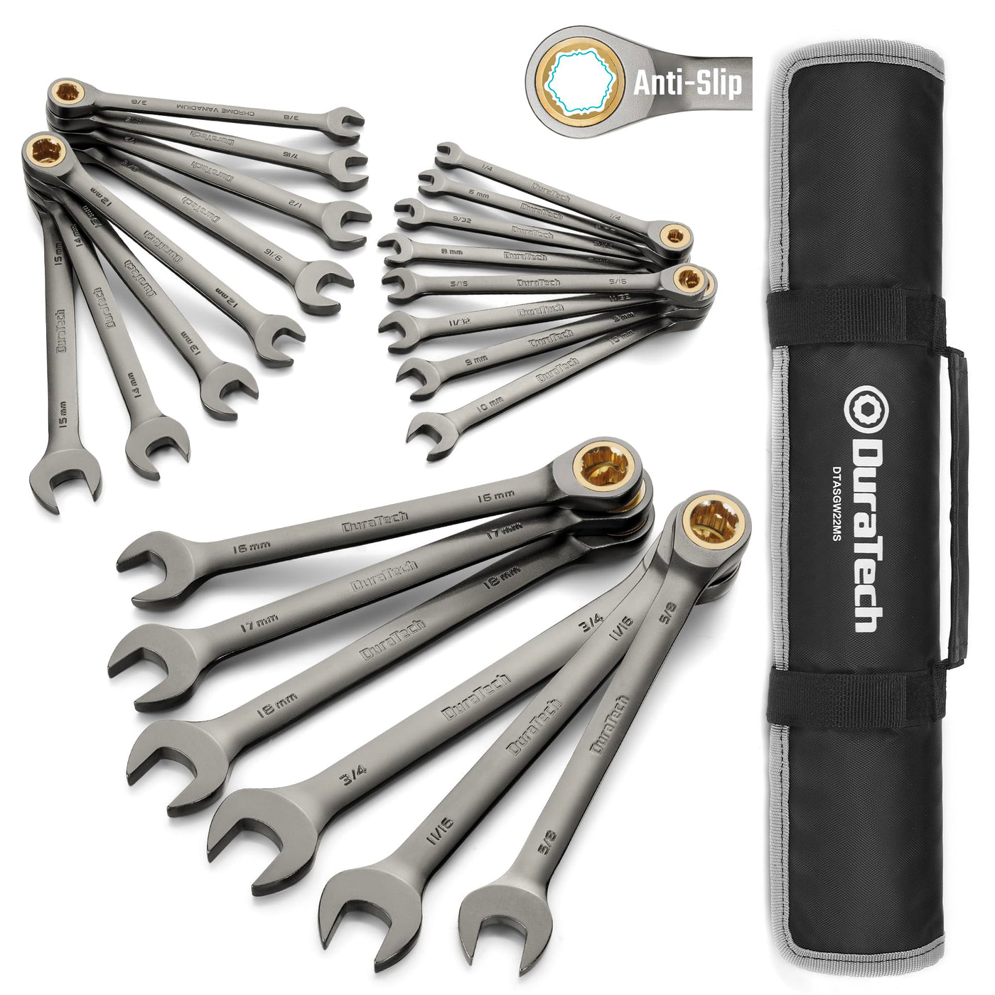 Ratcheting Wrench Set – 22PCS Metric & SAE – 1/4"–3/4" / 6–18mm – 72-Tooth – CR-V Steel – Anti-Slip – Organizer Pouch