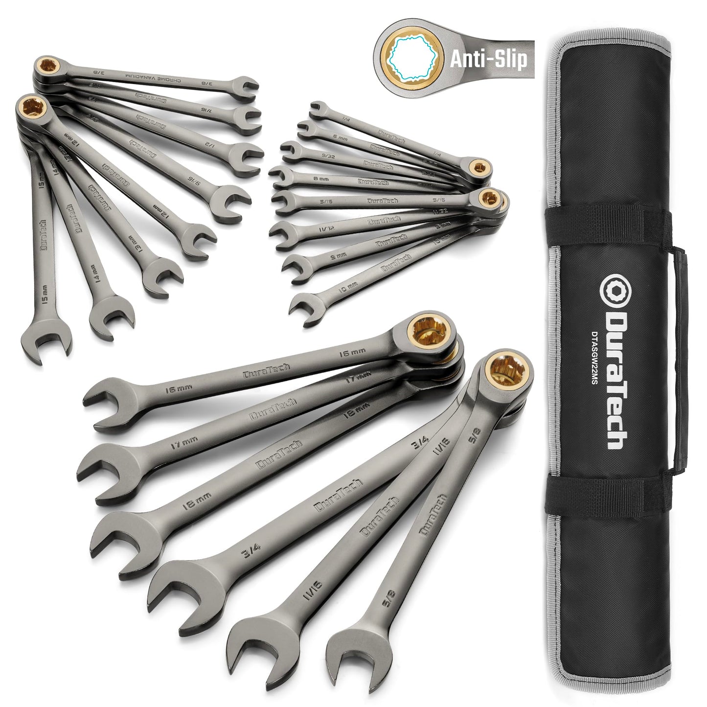 Ratcheting Wrench Set – 22PCS Metric & SAE – 1/4"–3/4" / 6–18mm – 72-Tooth – CR-V Steel – Anti-Slip – Organizer Pouch