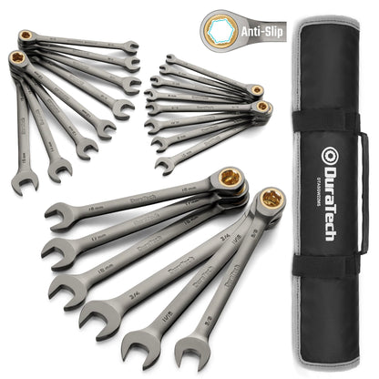 Ratcheting Wrench Set – 22PCS Metric & SAE – 1/4"–3/4" / 6–18mm – 72-Tooth – CR-V Steel – Anti-Slip – Organizer Pouch