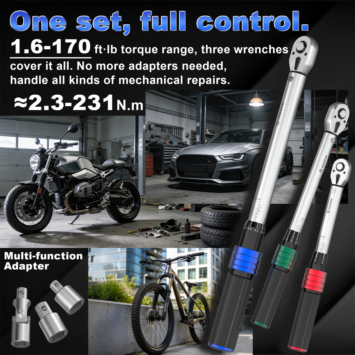 Torque Wrench Set – 1/4" 3/8" 1/2" Drive – 9PCS – 20-220 in-lb / 5-170 ft-lb – 72T – Extension & Adapter Kit – Precision Repair Tool