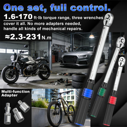 Torque Wrench Set – 1/4" 3/8" 1/2" Drive – 9PCS – 20-220 in-lb / 5-170 ft-lb – 72T – Extension & Adapter Kit – Precision Repair Tool