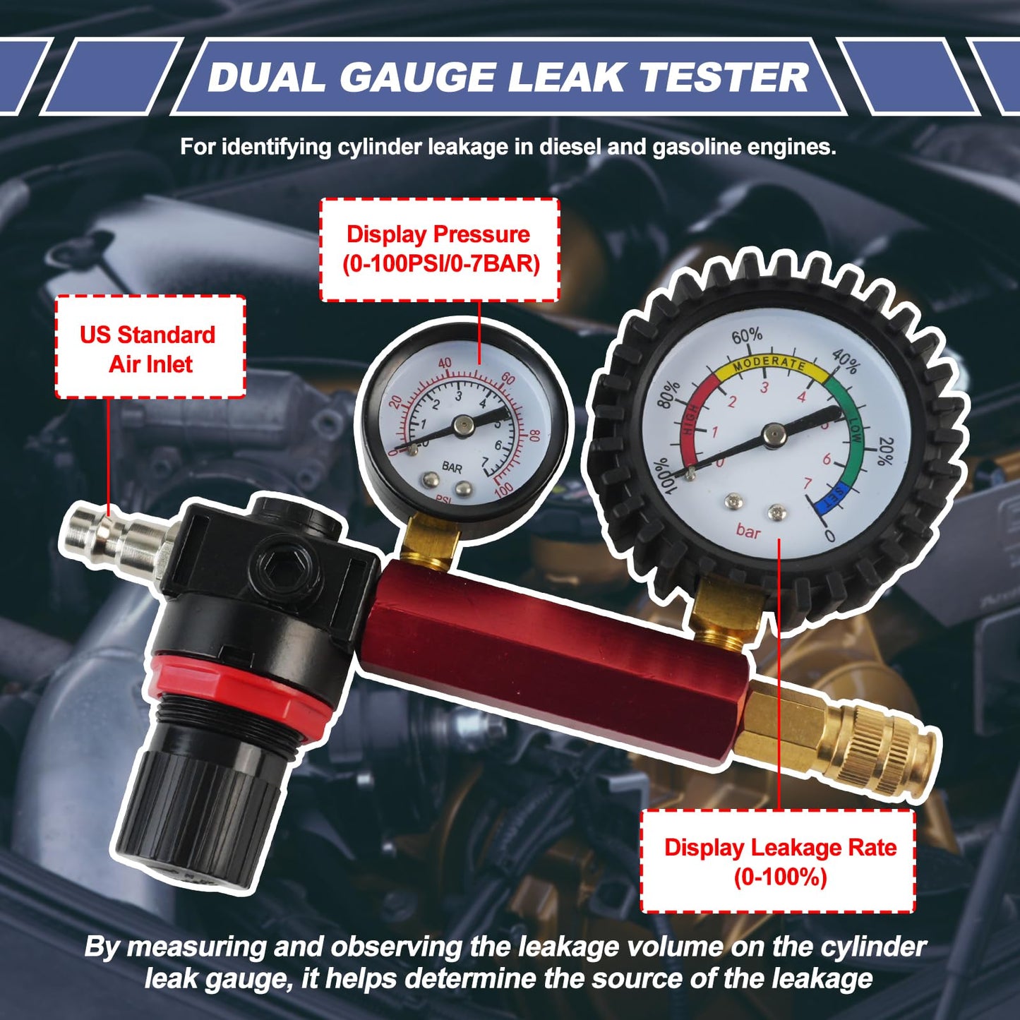 Engine Compression & Leak Down Tester Kit – 47PCS Dual Gauge Compression Tester – Petrol & Diesel Cylinder Leak Test Tool – Automotive Engine Diagnostic Set – HDI TDCi Pumpe Duse Compatible