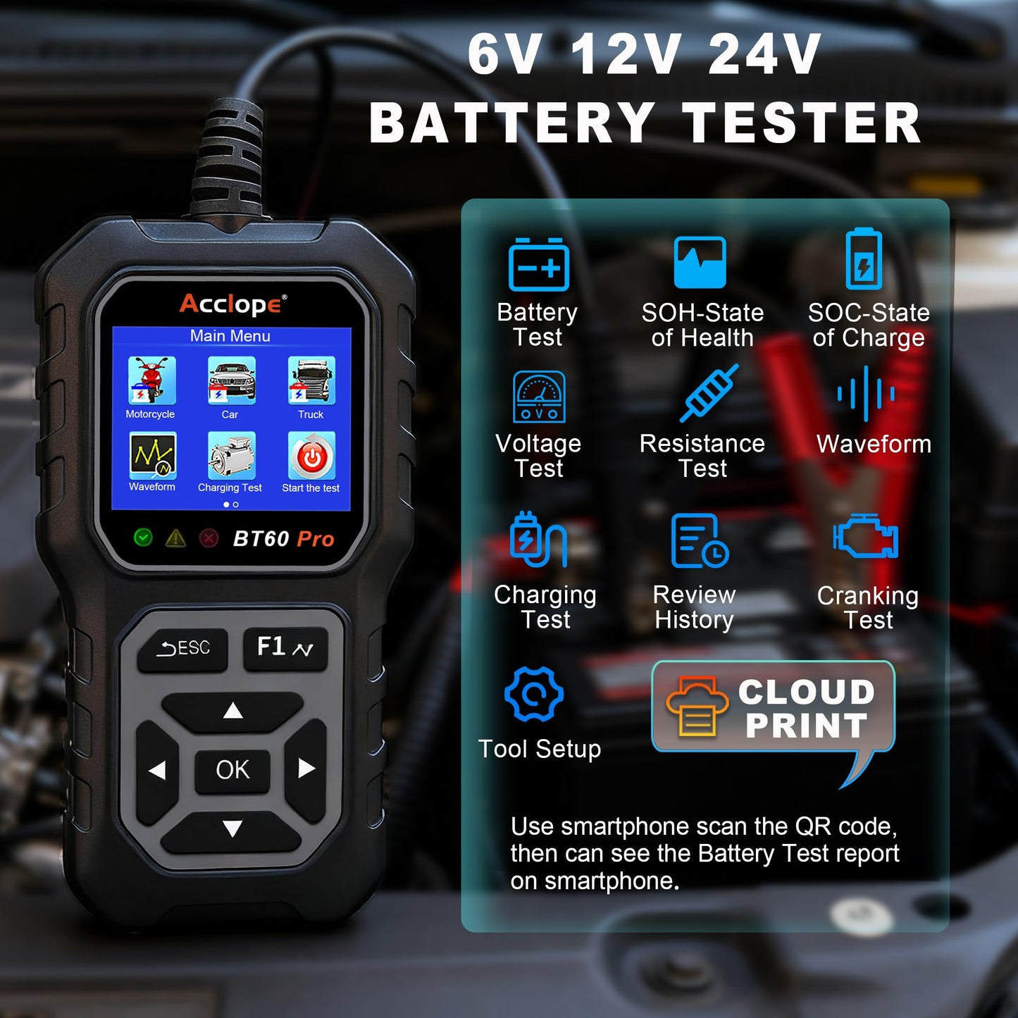 Car Battery Tester – 6V/12V/24V – 2–120Ah – 100–3000CCA – AGM Gel Lithium – Alternator Starter Charging System Analyzer – QR Cloud Report – Digital Checker