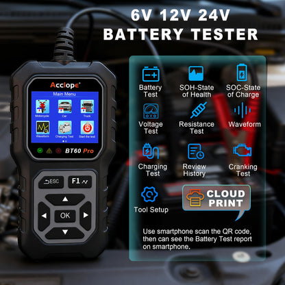 Car Battery Tester – 6V/12V/24V – 2–120Ah – 100–3000CCA – AGM Gel Lithium – Alternator Starter Charging System Analyzer – QR Cloud Report – Digital Checker