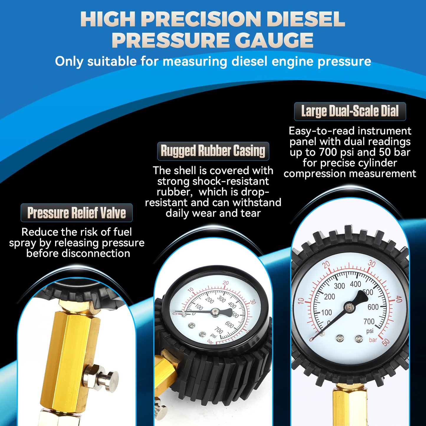 Diesel & Petrol Engine Compression Tester Kit – 47PCS Cylinder Leak Down Diagnostic Tool – Dual Gauge Compression Gauge – HDI TDCi Pumpe Duse Engine Test Kit – Automotive Maintenance Tool