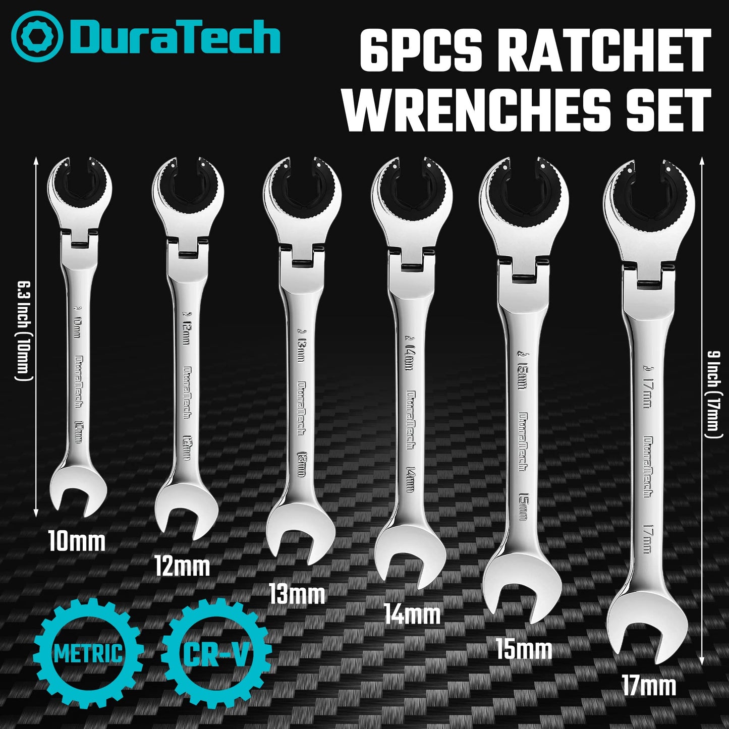 Ratcheting Wrench Set – 6PCS Metric – 10-17mm – 72-Tooth Flex Head – CR-V Steel – Open End – Organizer Bag