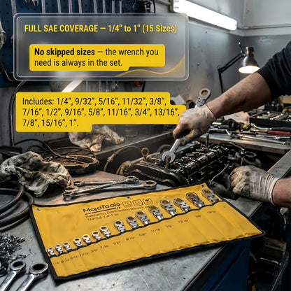 Ratcheting Wrench Set – 15PCS SAE – 1/4"–1" – 72-Tooth Flex Head – Cr-V Heavy Duty – Combination Wrenches – Organizer Roll Bag