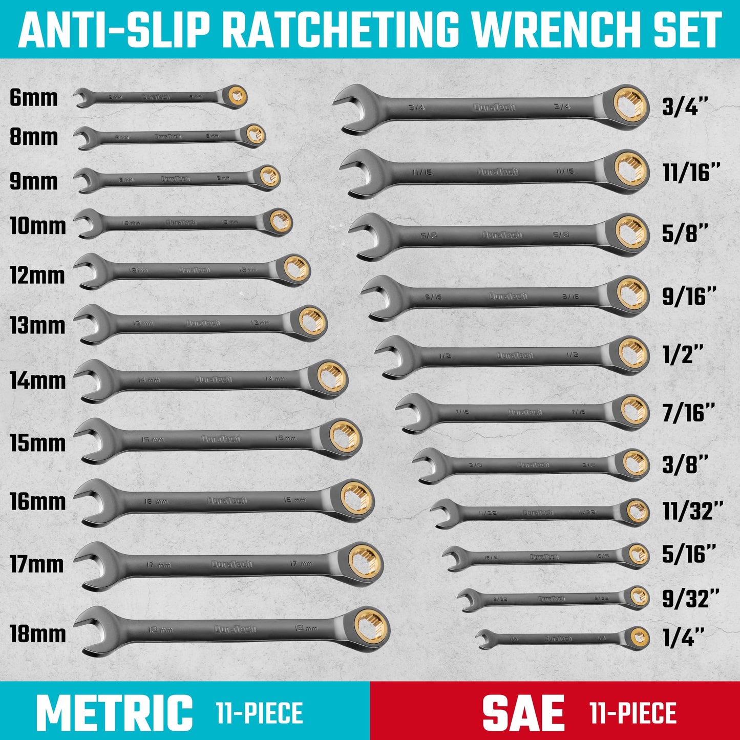 Ratcheting Wrench Set – 22PCS Metric & SAE – 1/4"–3/4" / 6–18mm – 72-Tooth – CR-V Steel – Anti-Slip – Organizer Pouch