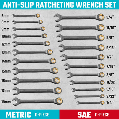 Ratcheting Wrench Set – 22PCS Metric & SAE – 1/4"–3/4" / 6–18mm – 72-Tooth – CR-V Steel – Anti-Slip – Organizer Pouch